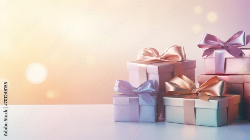 Presents standing on minimal background. Pastel colored boxes with bows banner 3D illustration Presents standing on minimal background. Pastel colored boxes with bows banner 3D illustration