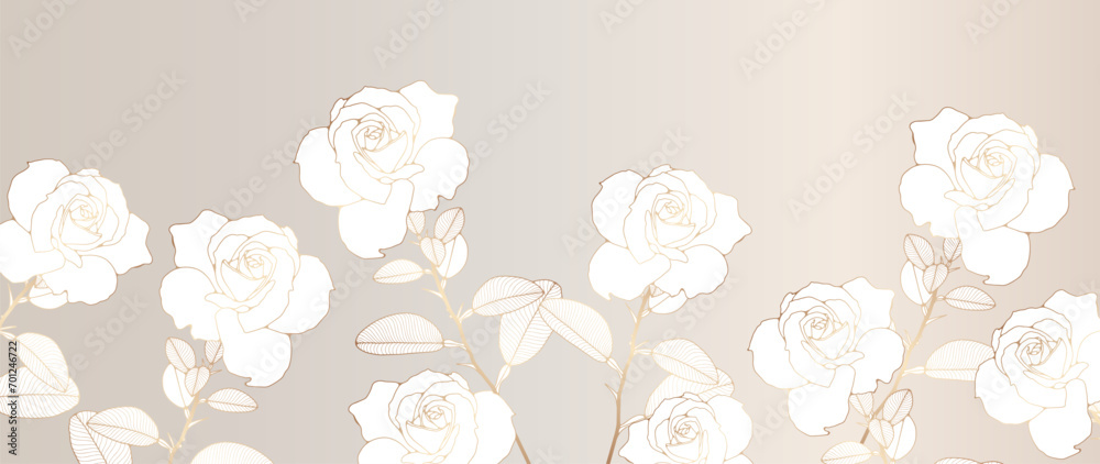 Light luxury floral background, poster, banner with delicate white roses and gold outline.