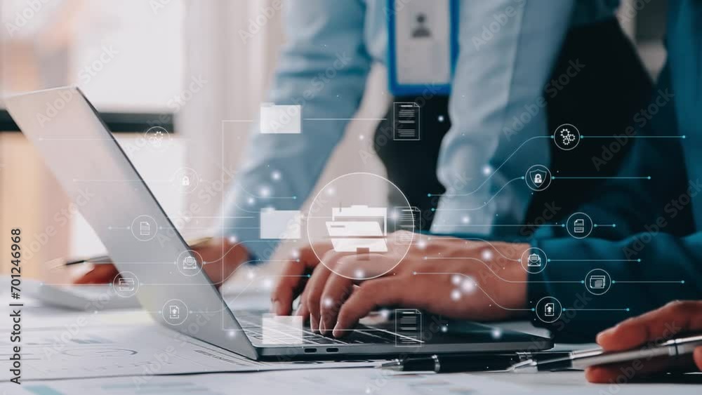 online document, Document management system (DMS), business process automation technology. businessman wroking with document icon on virtual screen. File storage and archiving. ERP. Folder structure.
