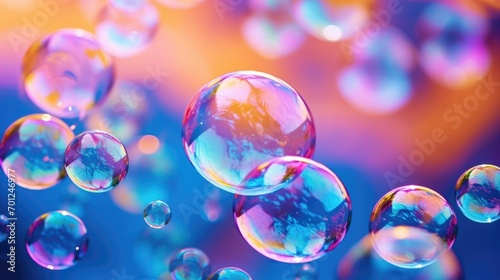 Transparent soap bubbles floating on abstract background. Cleanliness, soap foam photo