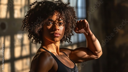 Fit Woman with Curly Hair Flexing Muscles in Gym Wear