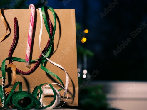 Christmas gift bag and ribbons 