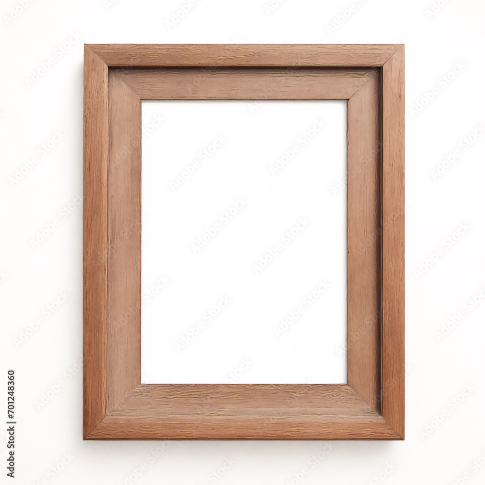 Fototapeta premium Fotomodell mit Holzrahmen an der Wand. Modell eines Bilderrahmens aus Holz. Horizontaler Rand mit Schatten. Leerer Fotorahmen A4 an der Hintergrundwand. Rand für Designdrucke, Poster und Gemälde. Vekt