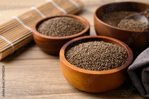 Perilla seed in wooden bowl, Healthy herbal seed ingredients in Asian food