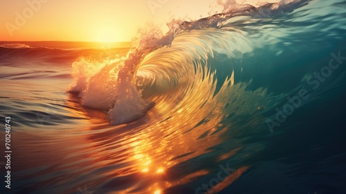 Rolling ocean waves from surfing point of view, sunset background