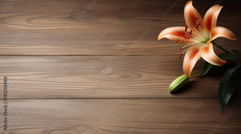 empty wooden table with lily flower lying on it without additional details empty wooden table with lily flower lying on it without additional details
