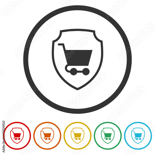 Shopping cart with shield icon. Set icons in color circle buttons