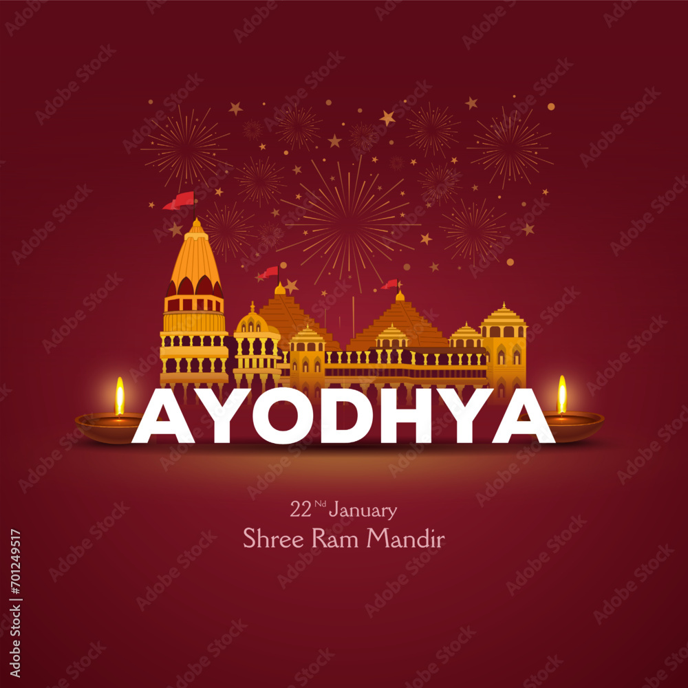 Vector illustration of religious background of Shri Ram Janmbhoomi Teerth Kshetra Ram Mandir Temple in Ayodhya birth place Lord Rama. 22nd january consecration ceremony 