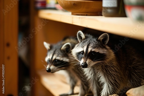 Two cute raccoons peek out from behind the shelf. Wild animals in the house. Funny and adorable exotic pets. Pests and rodents.