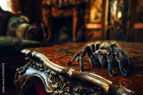 A large hairy tarantula perching on a vintage table in a dark library. Animal portrait. Horror, mystery, Halloween concept. Exotic pet
