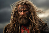 Viking berserker, a fearsome warrior in his early 30s, with his hair in disheveled, wild locks, accentuating his ferocious nature