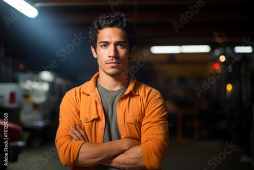 Adult Hispanic man near 30 with a thoughtful expression dreams of opening his own auto repair shop © Hanna Haradzetska