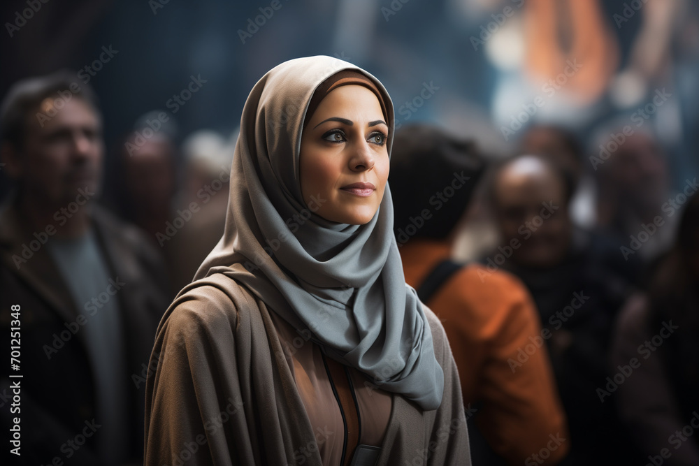 Femme mature voilée dans la rue qui regarde l'horizon, attroupement urbain, la tradition au milieu de la modernité Femme mature voilée dans la rue qui regarde l'horizon, attroupement urbain, la tradition au milieu de la modernité