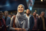 Portrait d'une jeune femme d'origine musulmane portant un hijab, femme souriante dans la rue émerveillée par l'activité de la ville et la foule, émerveillement et découverte culturelle, tourisme
