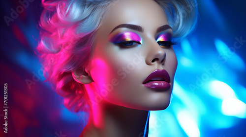 Portrait of a woman with make up. Beautiful young model, trendy glowing makeup, metallic silver lips. High fashion model woman in colorful light neon blue pink lights posing in studio, copy space