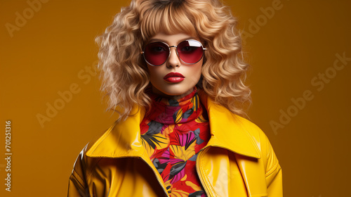 Cool teenager. Fashionable DJ girl in colorful trendy jacket and vintage retro sunglasses enjoys style of 80s 90s vibes. Teenager Girl at disco party. Young fashion model on yellow background