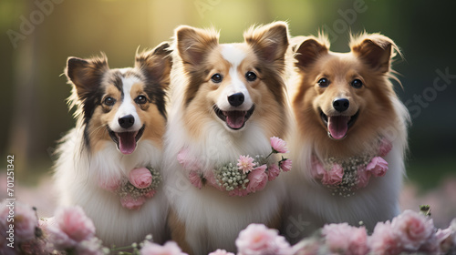 Adorable dogs wearing wreathes made wreath made of beautiful flowers indoors on wedding outdoors closeup dogs lying on the porch Wedding ceremony Three cute dogs #701251342