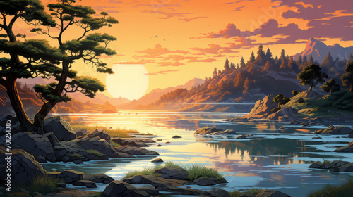 Fantasy landscape with lake and mountains at sunset, digital illustration style