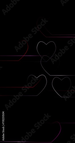 Beautiful loop hearts drawing motion lines on clean black vertical background.