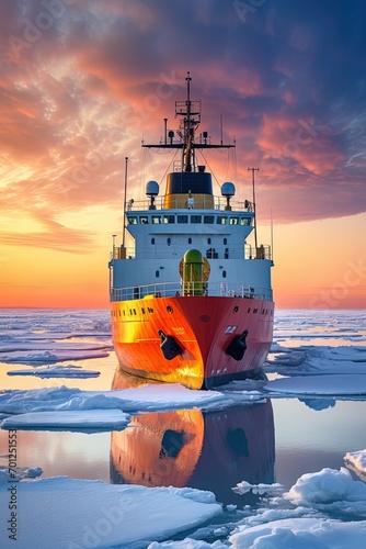 Red icebreaker in the middle of Arctic ocean, at sunset. Copy space.