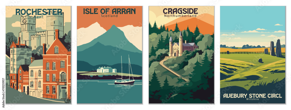 Vintage Travel Posters Set: Rochester, Kent, Cragside, Northumberland, Avebury Stone Circle, Wiltshire, Isle Of Arran, Scotland - Vector Art for Famous Tourist Destinations