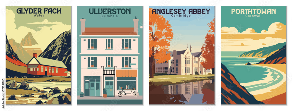 Vintage Travel Posters Set: Glyder Fach, Wales, Porthtowan, Cornwall, Anglesey Abbey, Cambridge, Ulverston, Cumbria - Vector Art for Famous Tourist Destinations