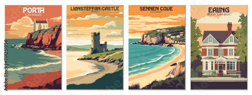 Vintage Travel Posters Set: Llansteffan Castle, Wales, Ealing, West London, Sennen Cove, Cornwall, Porth, Cornwall - Vector Art for Famous Tourist Destinations photo