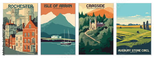 Vintage Travel Posters Set: Rochester, Kent, Cragside, Northumberland, Avebury Stone Circle, Wiltshire, Isle Of Arran, Scotland - Vector Art for Famous Tourist Destinations photo