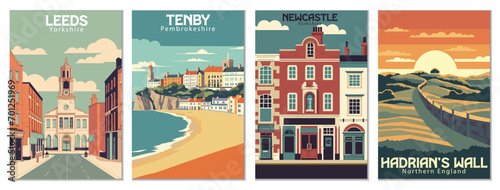 Vintage Travel Posters Set: Leeds, Yorkshire, Hadrian's Wall, Northern England, Newcastle, England, Tenby, Pembrokeshire - Vector Art for Famous Tourist Destinations