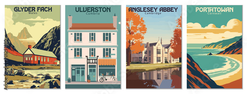 Vintage Travel Posters Set: Glyder Fach, Wales, Porthtowan, Cornwall, Anglesey Abbey, Cambridge, Ulverston, Cumbria - Vector Art for Famous Tourist Destinations