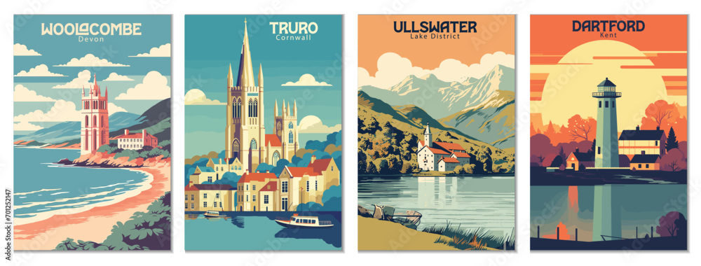 Vintage Travel Posters Set: Woolacombe, Devon, Dartford, Kent, Ullswater, Lake District, Truro, Cornwall - Vector Art for Famous Tourist Destinations
