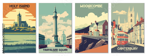 Vintage Travel Posters Set: Holy Island, Northumberland, Canterbury, England, Woolacombe, Devon, Trafalgar Square, London - Vector Art for Famous Tourist Destinations