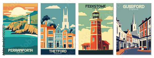 Vintage Travel Posters Set: Perranporth, Cornwall, Guildford, England, Felixstowe, Suffolk, Thetford, England - Vector Art for Famous Tourist Destinations photo