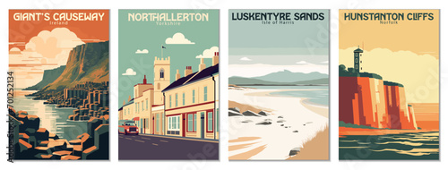 Vintage Travel Posters Set: Giant's Causeway, Ireland, Hunstanton Cliffs, Norfolk, Luskentyre Sands, Isle of Harris, Northallerton, Yorkshire - Vector Art for Famous Tourist Destinations