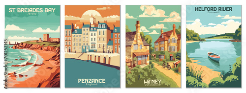 Vintage Travel Posters Set: St Brelade's Bay, Jersey, Helford River, Cornwall, Witney, Oxfordshire, Penzance, England - Vector Art for Famous Tourist Destinations