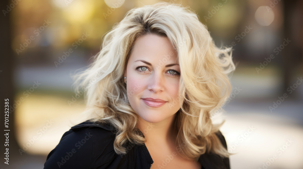 Portrait of smiling blond 45 yo mid age woman outdoors, hair fluttering in the wind Portrait of smiling blond 45 yo mid age woman outdoors, hair fluttering in the wind
