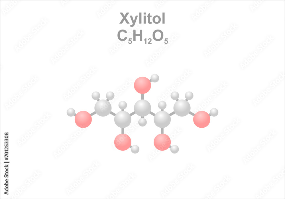 Xylitol. Simplified scheme, icon of the molecule. Use as sugar substitute.