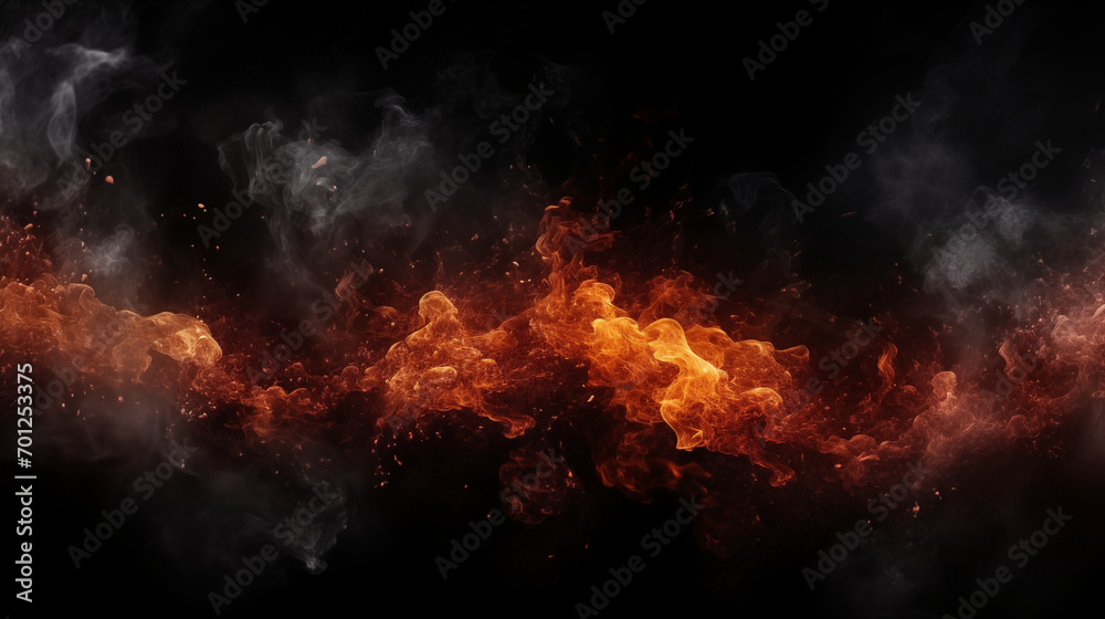 Fire embers particles over black background. Fire sparks background. Abstract dark glitter fire particles lights, Generative ai