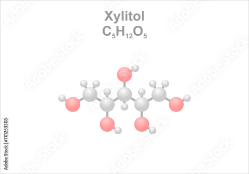 Xylitol. Simplified scheme, icon of the molecule. Use as sugar substitute.