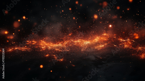Fire embers particles over black background. Fire sparks background. Abstract dark glitter fire particles lights, generative ai