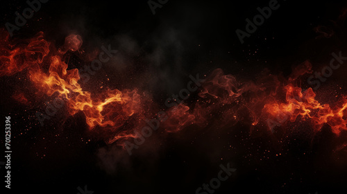 Fire embers particles over black background. Fire sparks background. Abstract dark glitter fire particles lights, Generative ai