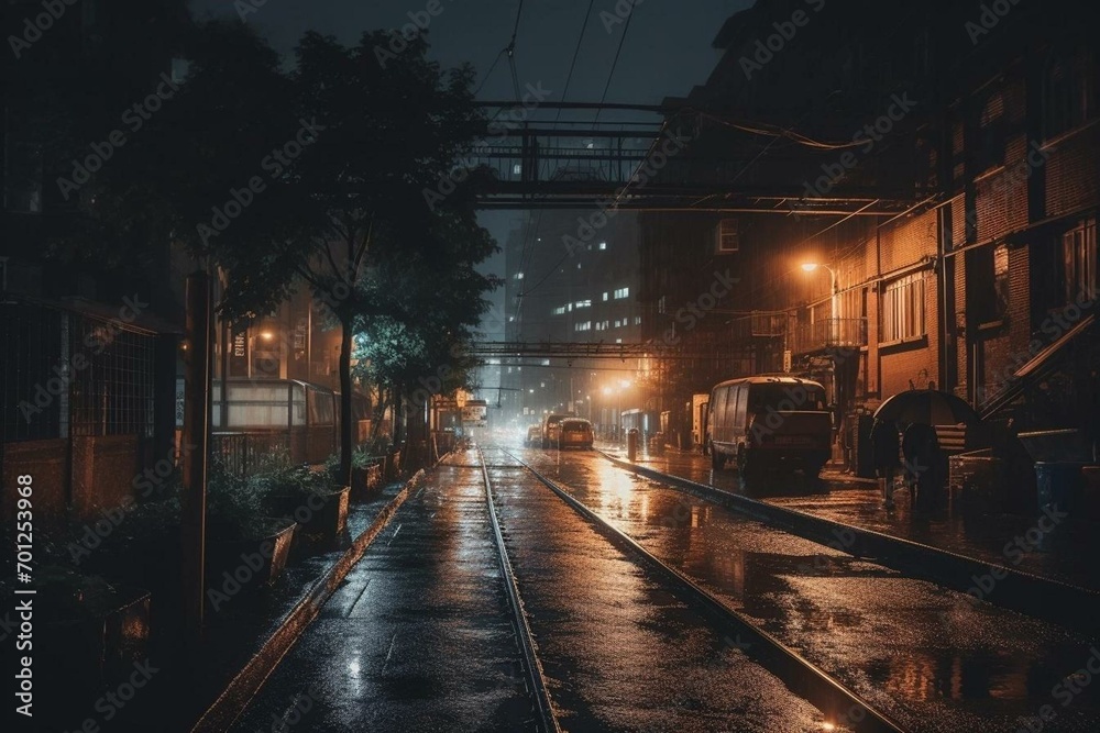 A dark, rainy night where nature meets urban landscape with street lights guiding along the path. Generative AI