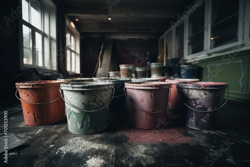 Using multiple buckets of paint for renovation. Generative AI photo