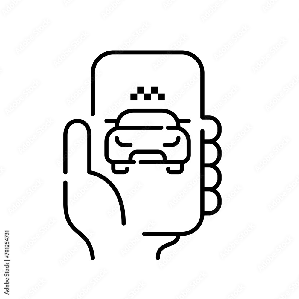 Cab app. Taxi with checkered sign on top. Hand holding smart phone. Pixel perfect, editable stroke icon Cab app. Taxi with checkered sign on top. Hand holding smart phone. Pixel perfect, editable stroke icon