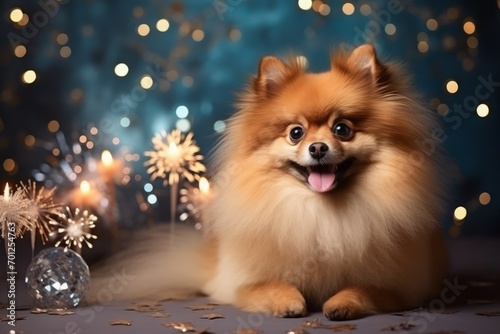 red-haired pomeranian on a festive blurred background with a side. pet and a festive atmosphere. dog celebrates a birthday or Christmas.