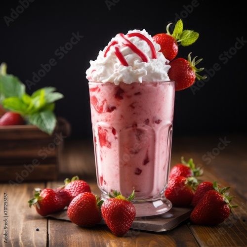 Delicious creamy strawberry cocktail in a glass on a dark background, soft ice cream, dairy berry dessert.