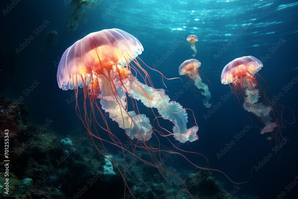 fluorescent jellyfish in the sea or ocean. underwater life. marine background.