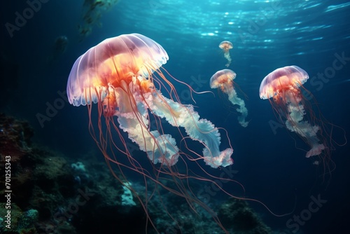 fluorescent jellyfish in the sea or ocean. underwater life. marine background. © MaskaRad