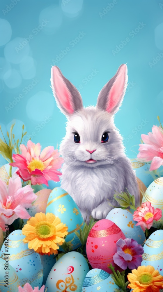 Happy Easter bunny, easter eggs and flowers on a light blue background