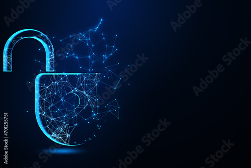 Creative digital polygonal open padlock hologram on blue background with mock up place. Safety, protection and security concept. 3D Rendering. photo